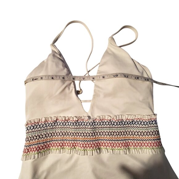 Smocking Solids White Swimwear With Multicolor Waist Detail Halter Style Medium - Picture 5 of 11